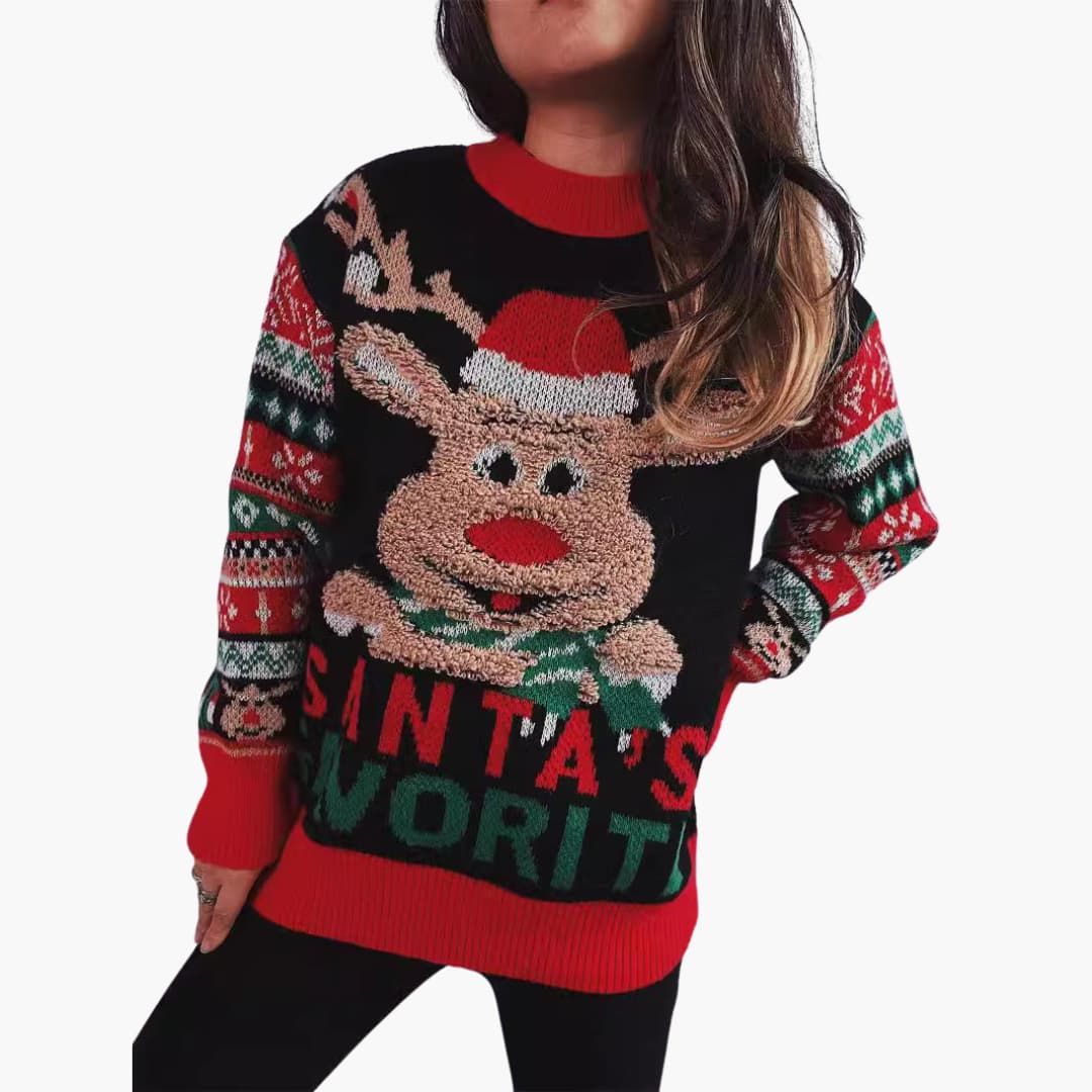 Frauen Weihnachts Pullover mit Rentier und Santa’s Lieblings