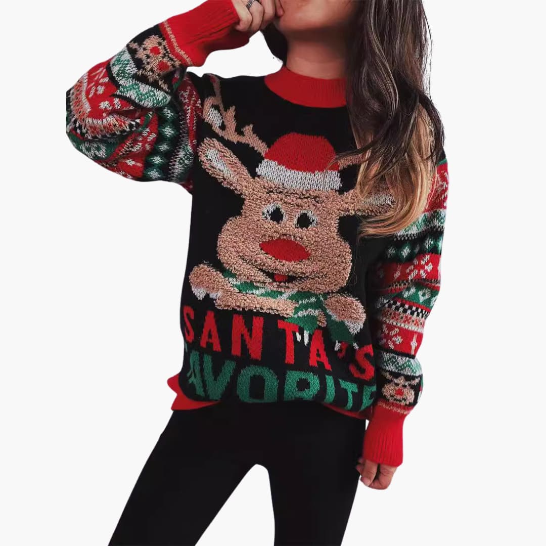 Frauen Weihnachts Pullover mit Rentier und Santa’s Lieblings