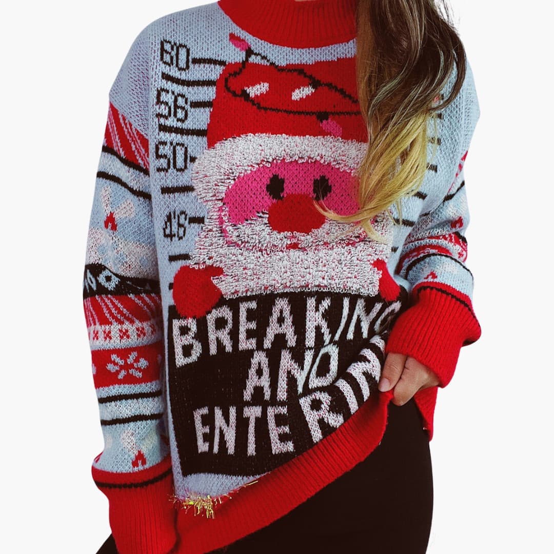 Frauen Weihnachtspullover mit Santa-Motiv und fetten Buchstaben