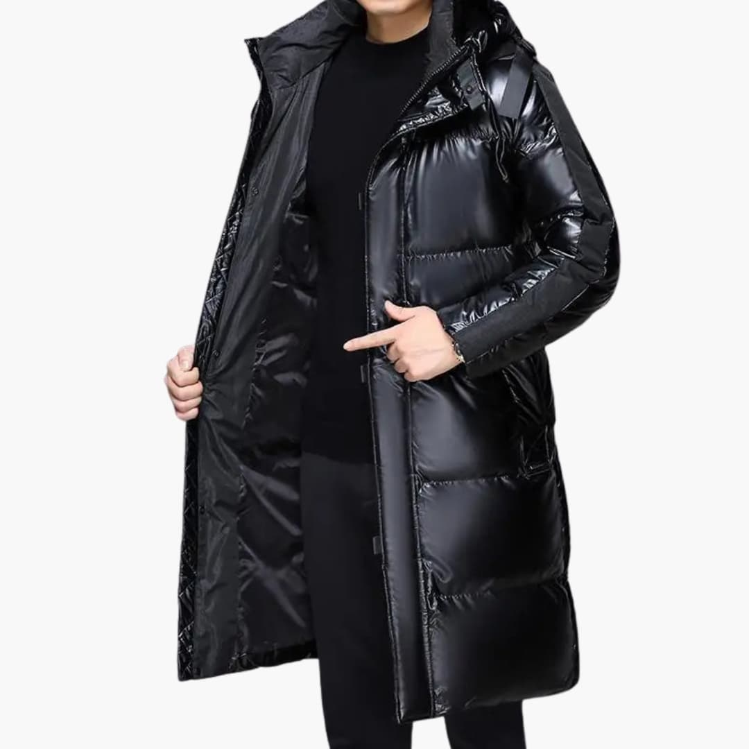 Herren Lang Daunenjacke mit Reißverschluss und Kapuze