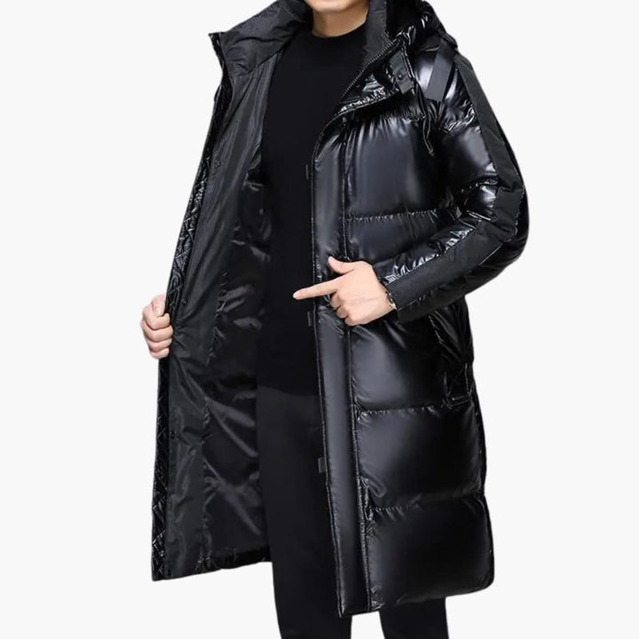 Herren Lang Daunenjacke mit Reißverschluss und Kapuze
