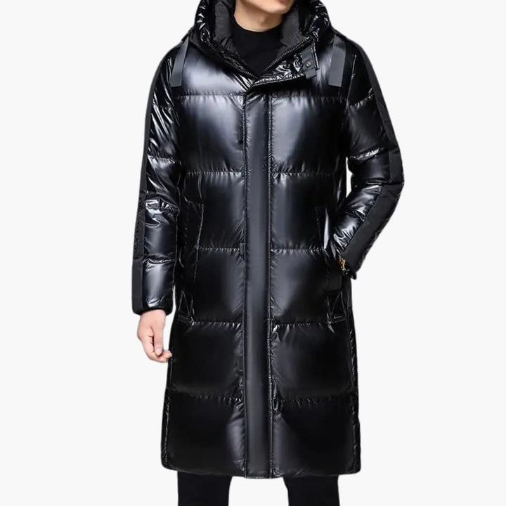 Herren Lang Daunenjacke mit Reißverschluss und Kapuze