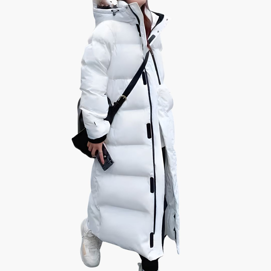 Lange Damenjacke mit Kapuze hohem Kragen und Frontreißverschluss