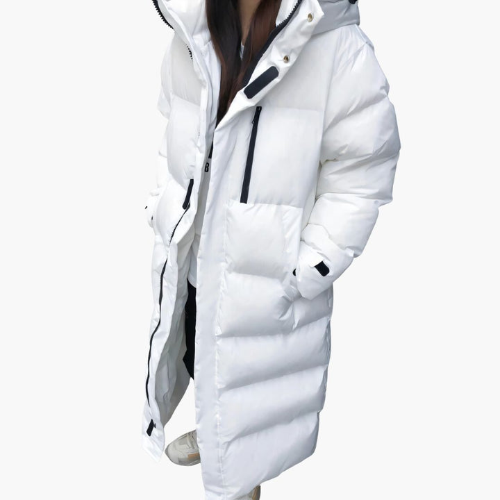 Lange Damenjacke mit Kapuze hohem Kragen und Frontreißverschluss