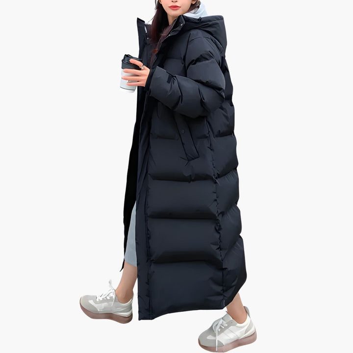 Lange Damenjacke mit Kapuze hohem Kragen und Frontreißverschluss