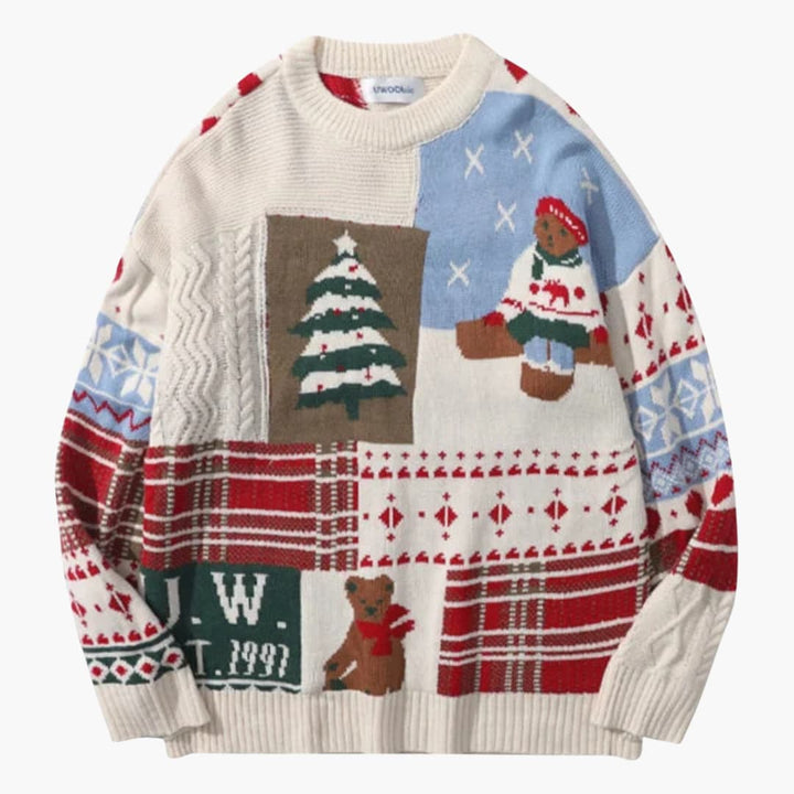 Unisex Weihnachtspullover mit Tannenbaum und Teddymotiv