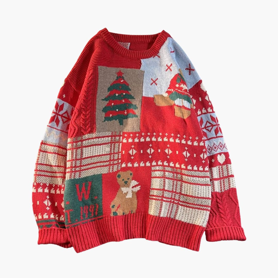 Unisex Weihnachtspullover mit Tannenbaum und Teddymotiv