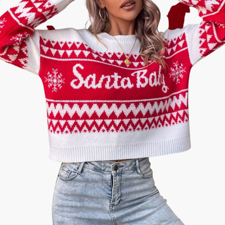 Weihnachtspullover für Damen mit Buchstabenmotiv und geripptem Saum
