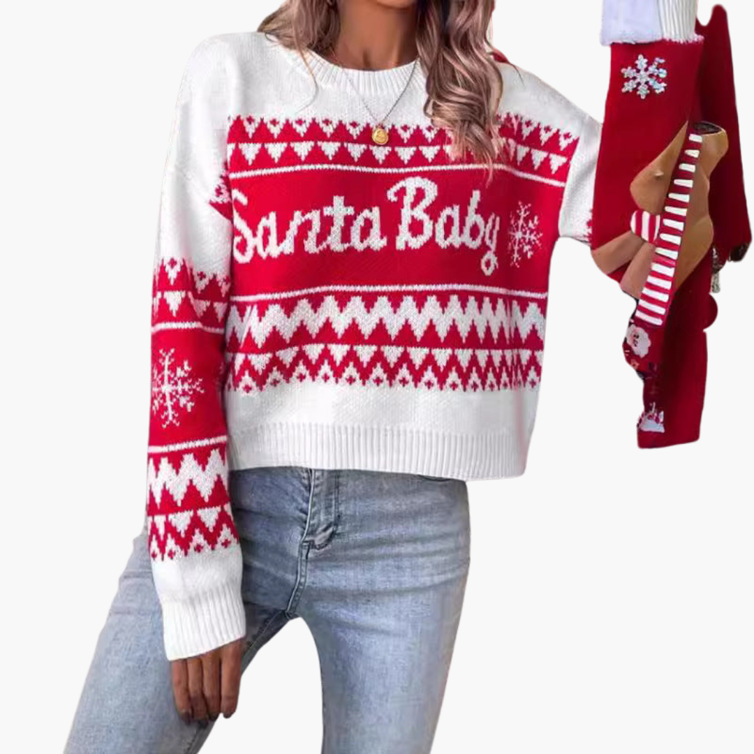 Weihnachtspullover für Damen mit Buchstabenmotiv und geripptem Saum