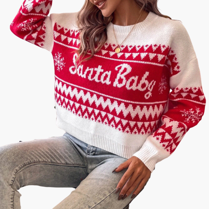 Weihnachtspullover für Damen mit Buchstabenmotiv und geripptem Saum
