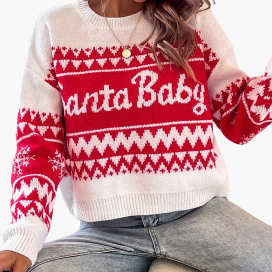 Weihnachtspullover für Damen mit Buchstabenmotiv und geripptem Saum