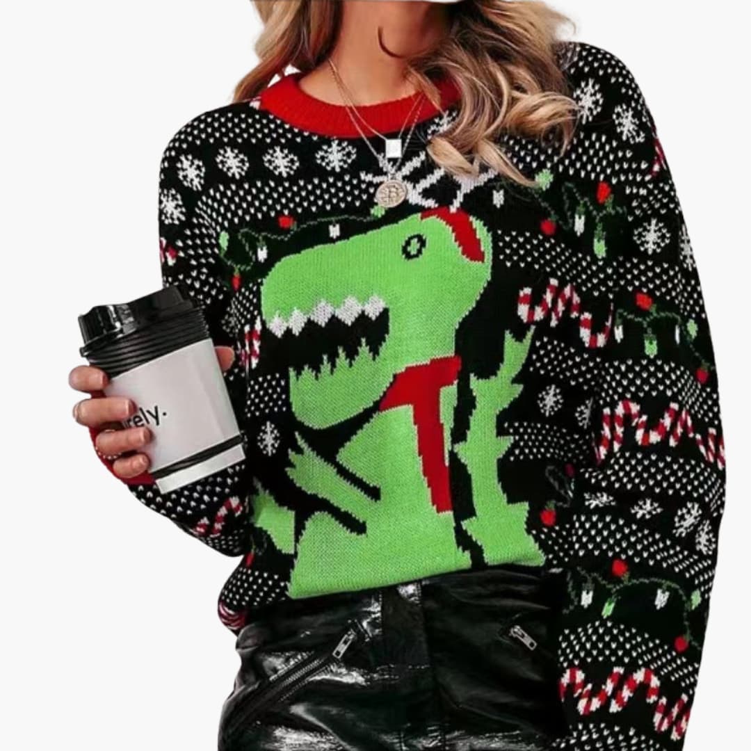 Weihnachtspullover für Damen mit Dinosaurier Motiv