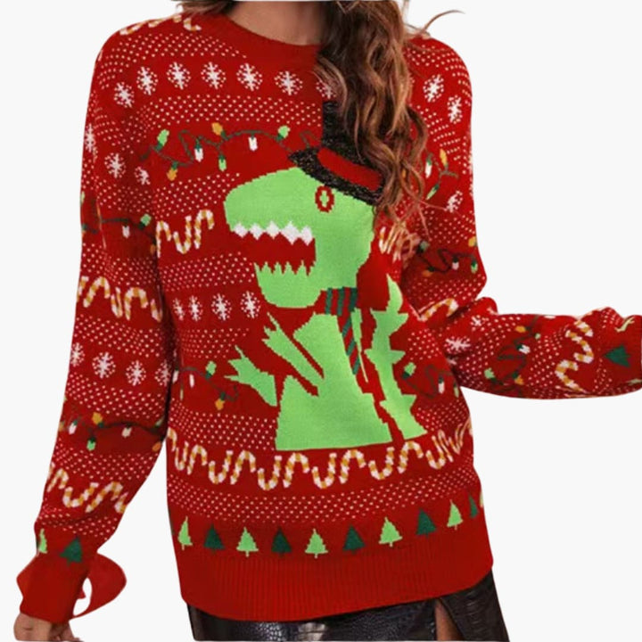 Weihnachtspullover für Damen mit Dinosaurier Motiv