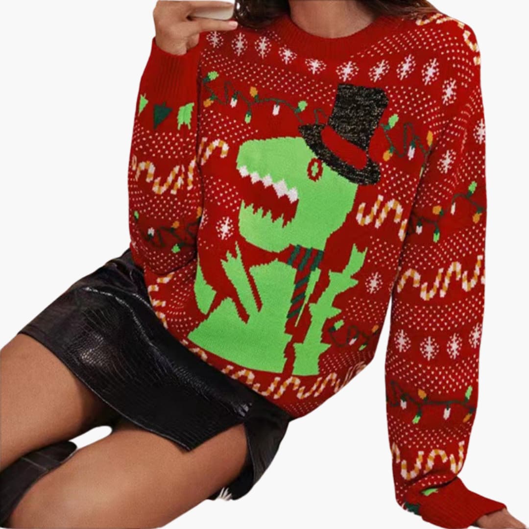 Weihnachtspullover für Damen mit Dinosaurier Motiv