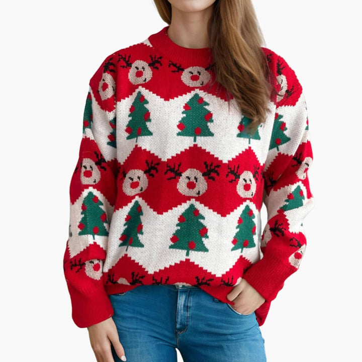 Weihnachtspullover für Damen mit Rentier und Weihnachtsbaummotiv