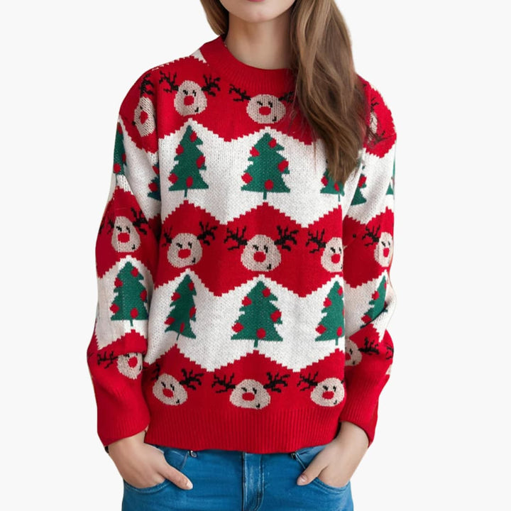 Weihnachtspullover für Damen mit Rentier und Weihnachtsbaummotiv