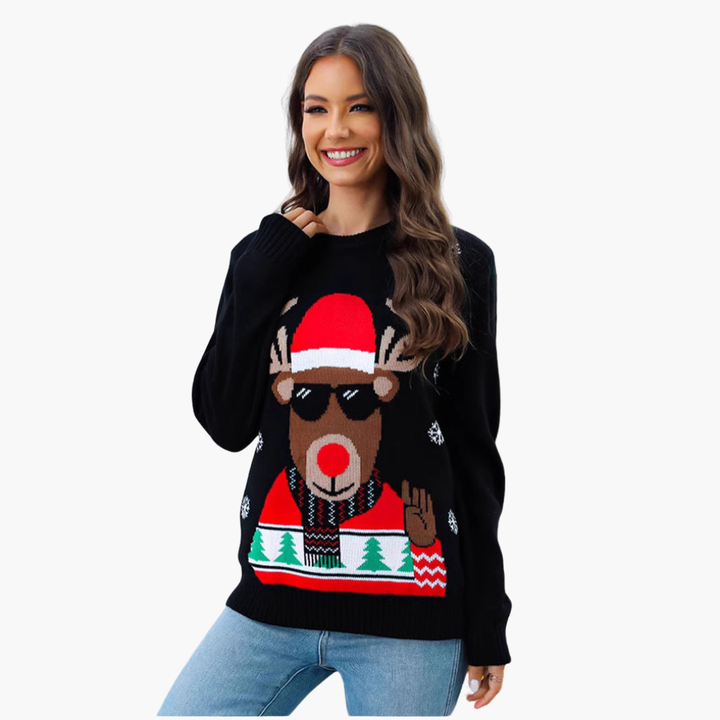 Weihnachtspullover für Damen mit Rentiermotiv und geripptem Saum