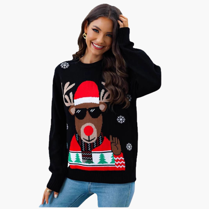 Weihnachtspullover für Damen mit Rentiermotiv und geripptem Saum