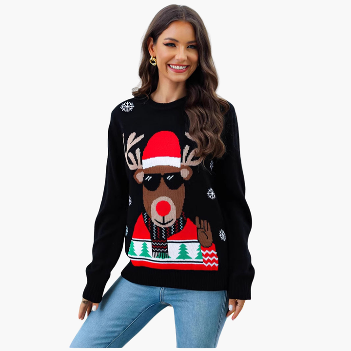 Weihnachtspullover für Damen mit Rentiermotiv und geripptem Saum
