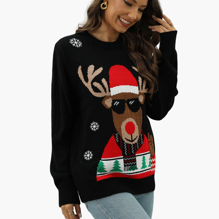 Weihnachtspullover für Damen mit Rentiermotiv und geripptem Saum