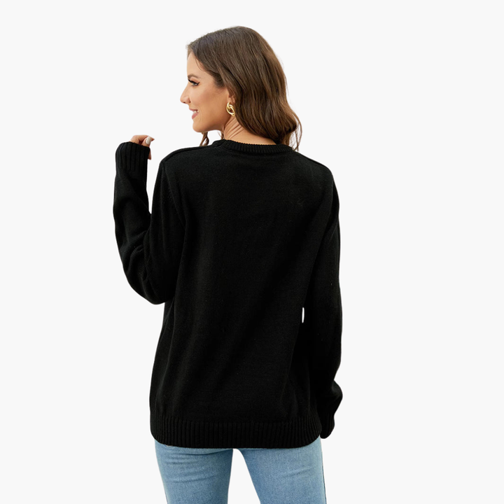 Weihnachtspullover für Damen mit Rentiermotiv und geripptem Saum