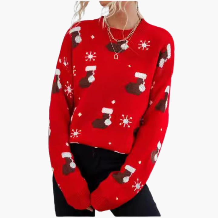 Weihnachtspullover für Damen mit Rundhalsausschnitt und geripptem Saum