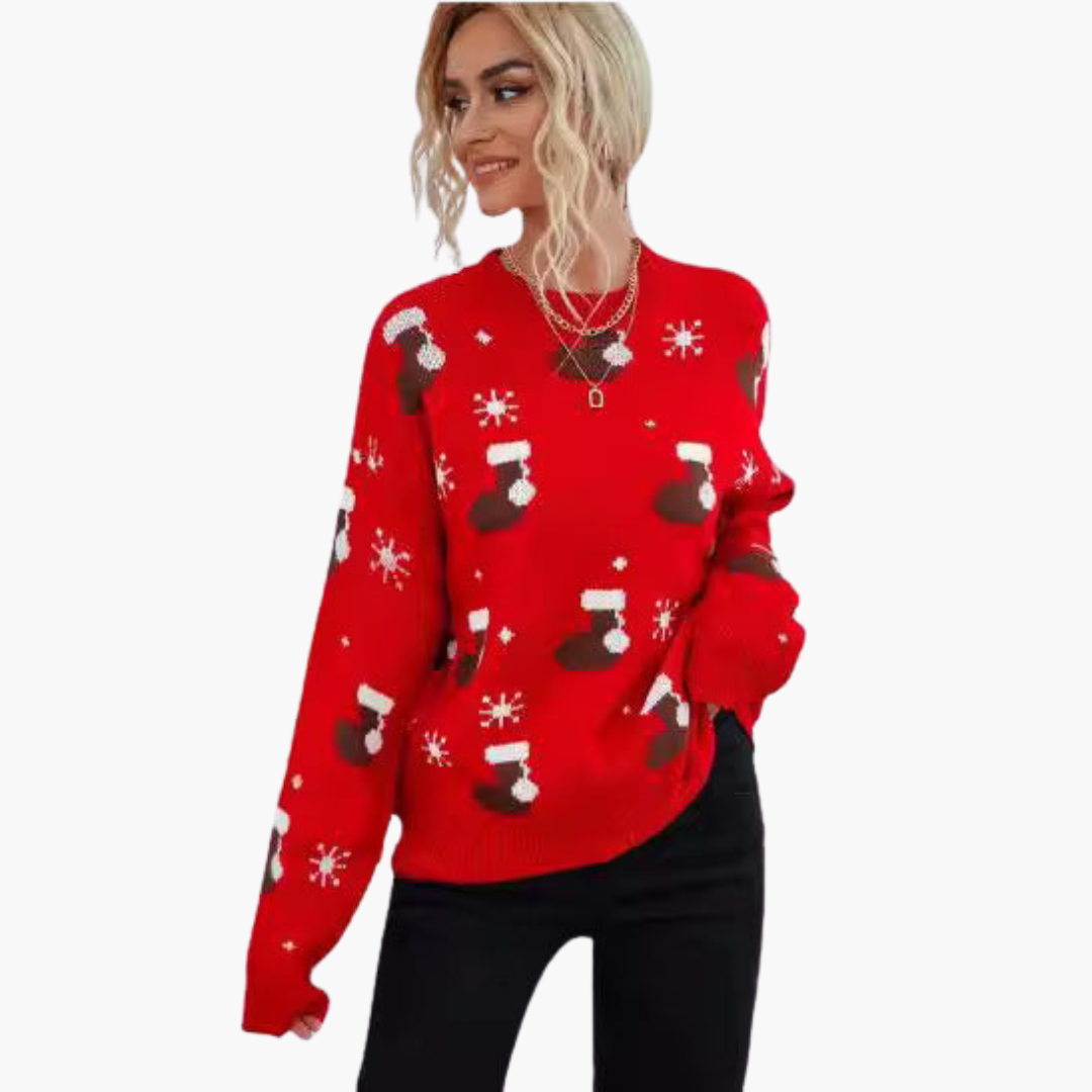Weihnachtspullover für Damen mit Rundhalsausschnitt und geripptem Saum