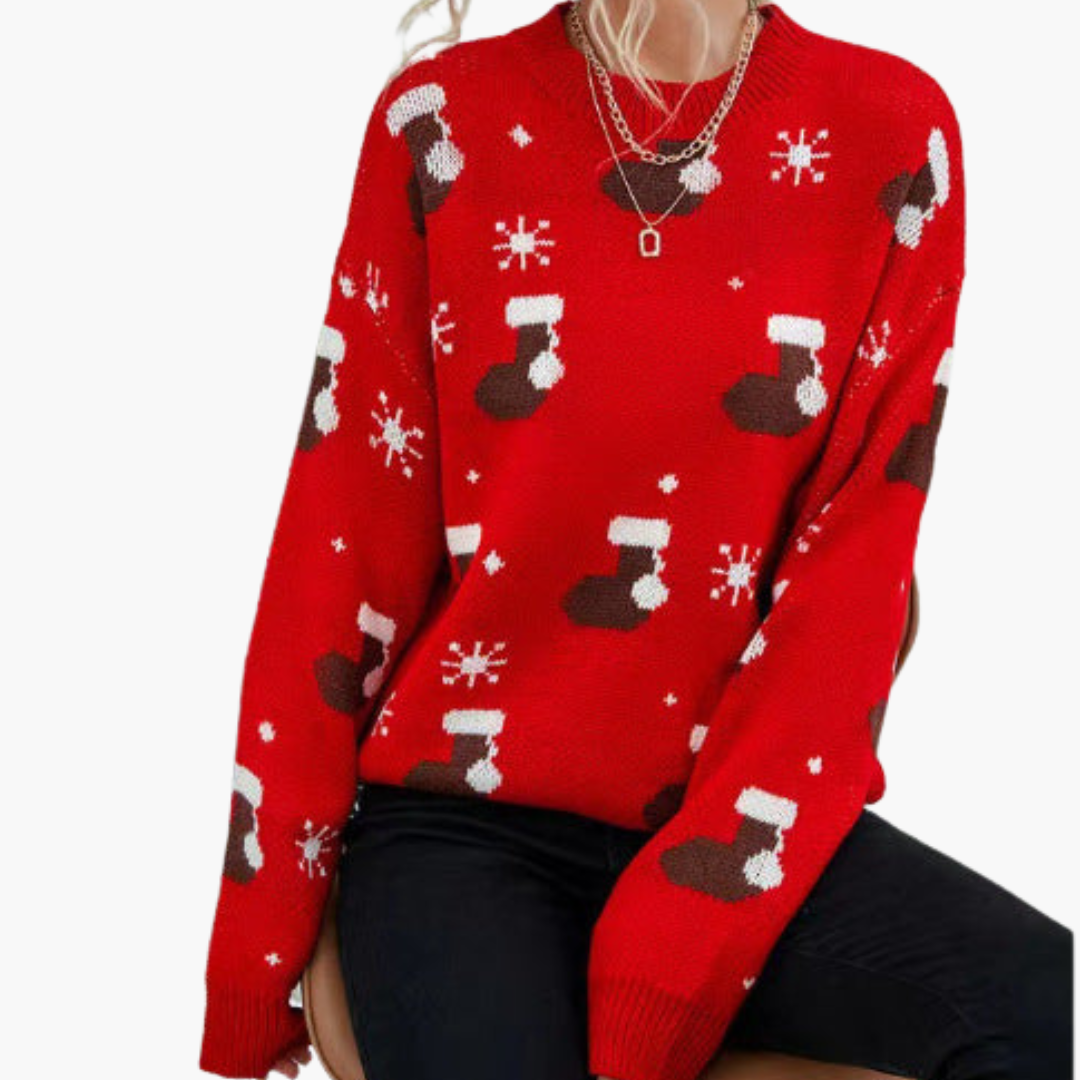 Weihnachtspullover für Damen mit Rundhalsausschnitt und geripptem Saum