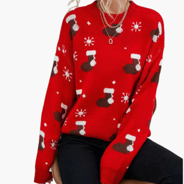 Weihnachtspullover für Damen mit Rundhalsausschnitt und geripptem Saum