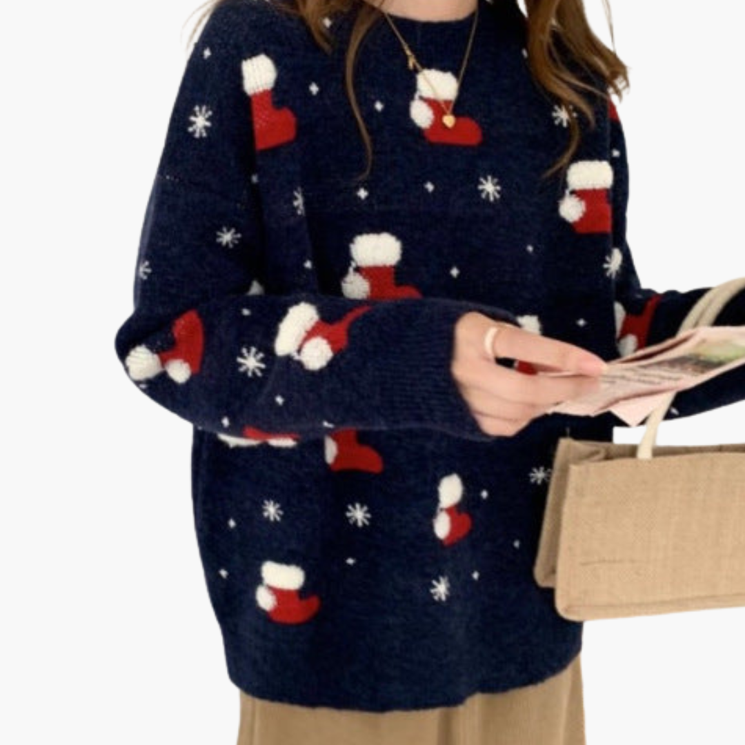 Weihnachtspullover für Damen mit Rundhalsausschnitt und geripptem Saum