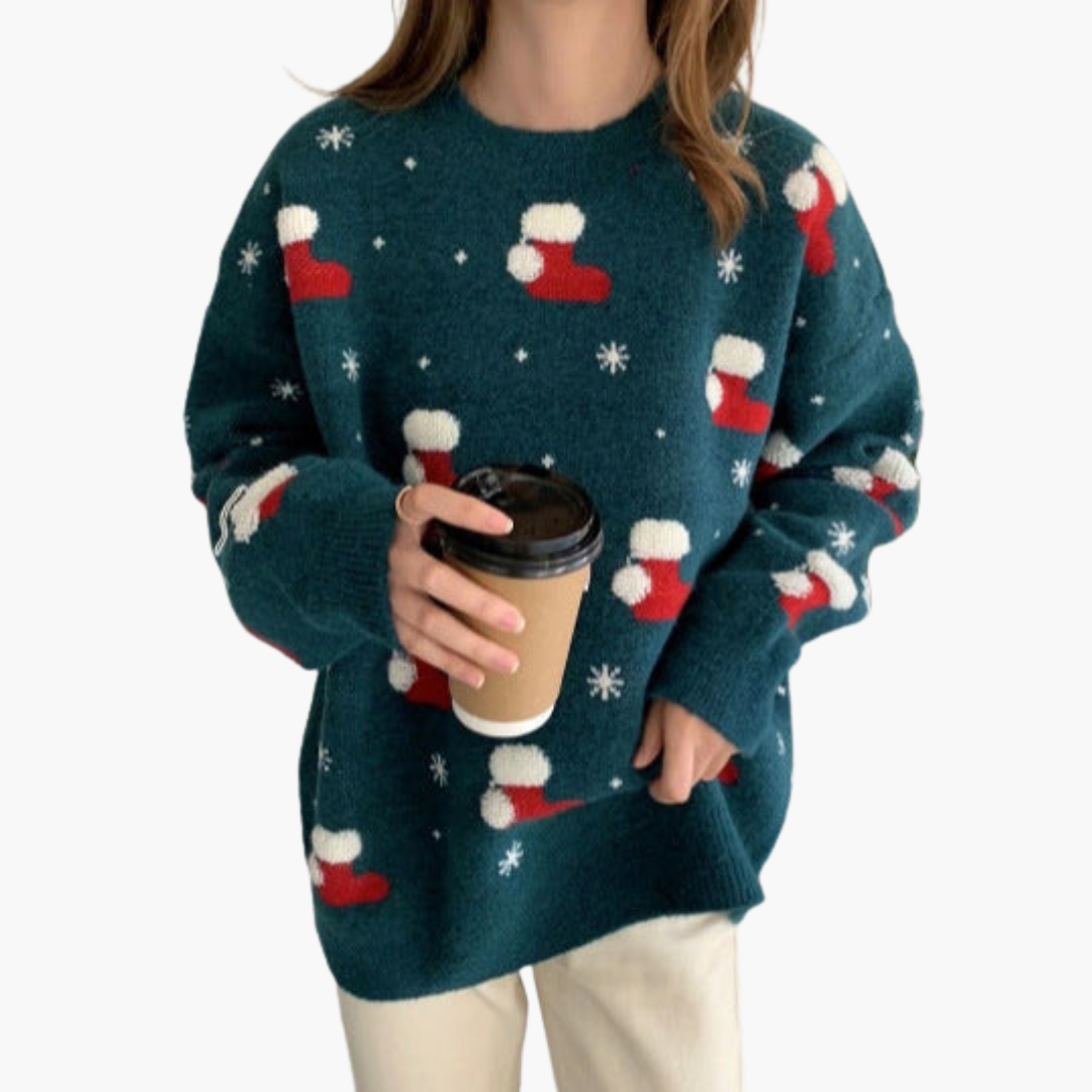 Weihnachtspullover für Damen mit Rundhalsausschnitt und geripptem Saum