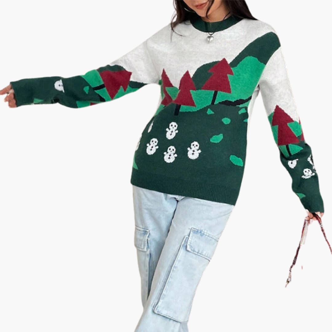 Weihnachtspullover für Damen mit Schneemann und Baum Design