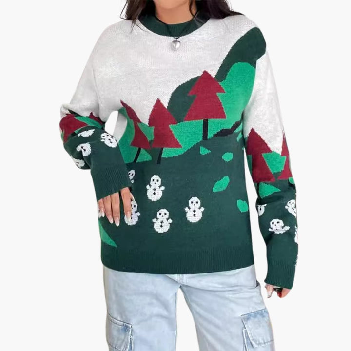 Weihnachtspullover für Damen mit Schneemann und Baum Design