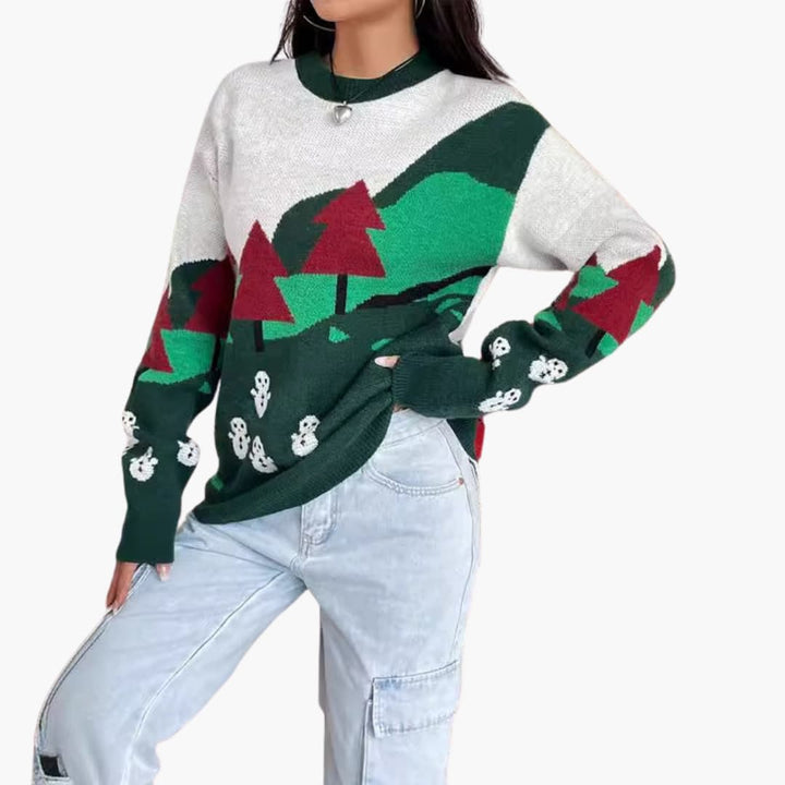 Weihnachtspullover für Damen mit Schneemann und Baum Design