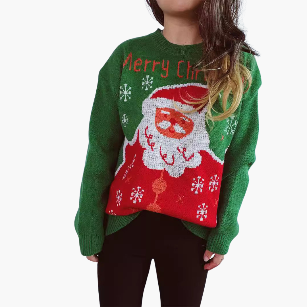 Weihnachtspullover für Damen mit Weihnachtsmann Muster und geripptem Saum
