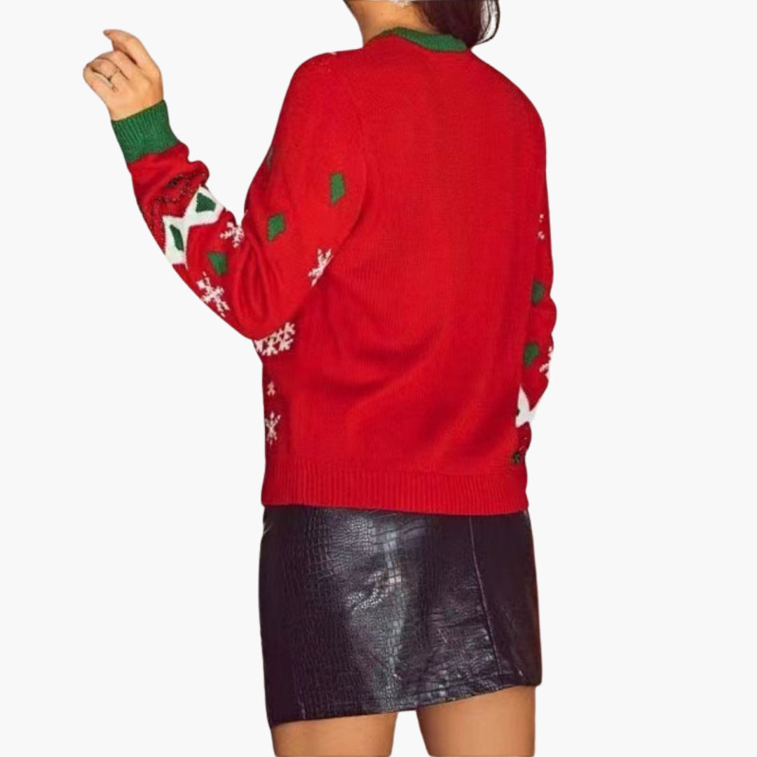 Weihnachtsstrickpullover für Damen mit Lama-Motiv und dekorativen Pompoms