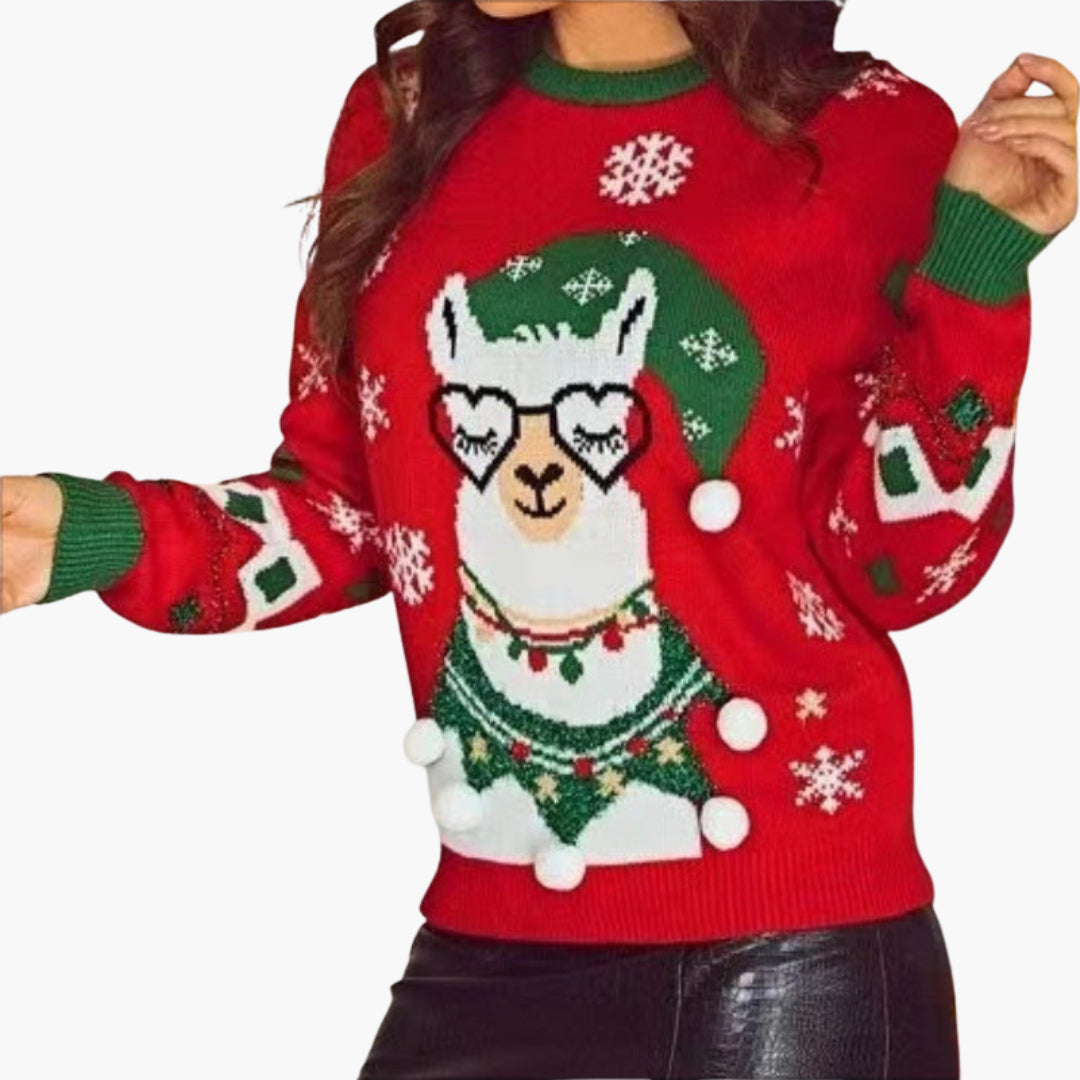 Weihnachtsstrickpullover für Damen mit Lama-Motiv und dekorativen Pompoms