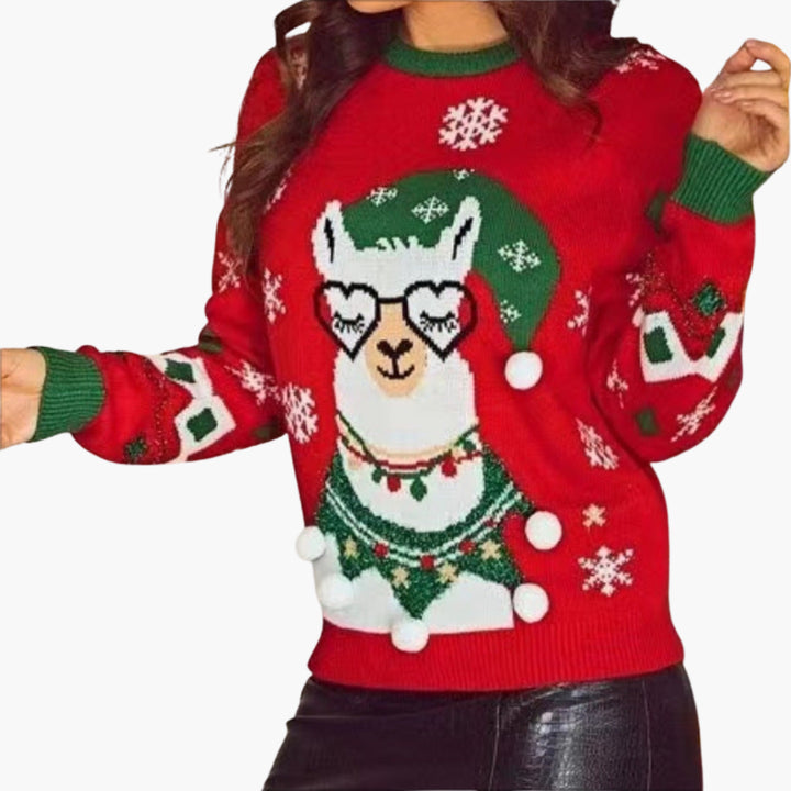 Weihnachtsstrickpullover für Damen mit Lama-Motiv und dekorativen Pompoms