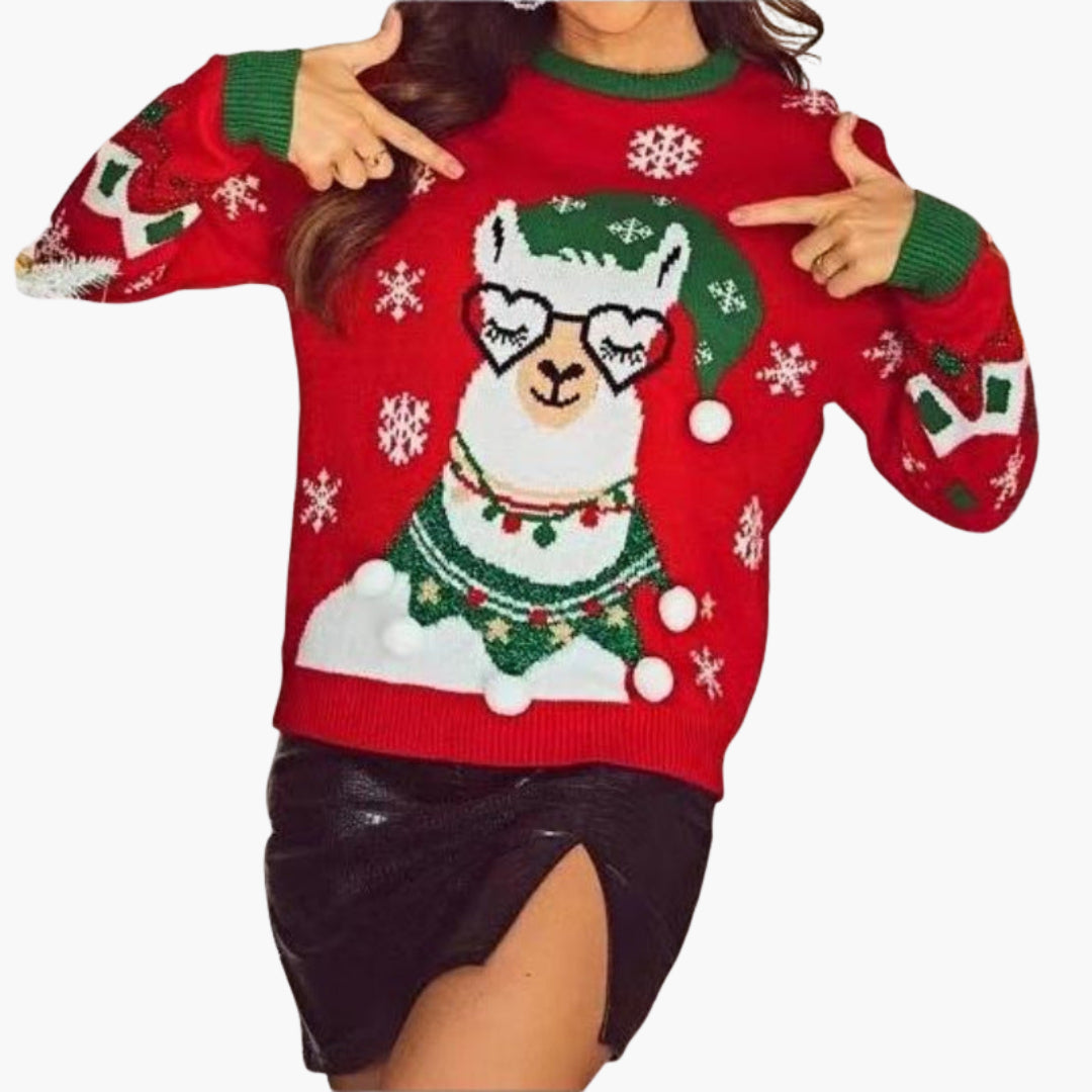 Weihnachtsstrickpullover für Damen mit Lama-Motiv und dekorativen Pompoms